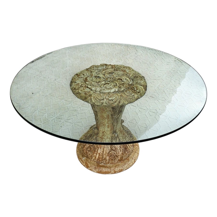 60" Glass Top on Carved Distressed Paint and Gilt Wood Base Dining Table