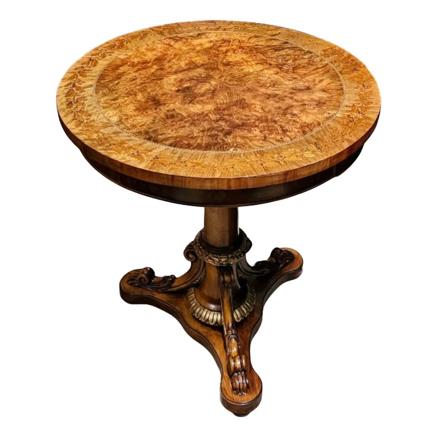 David Michael Burl With Marquetry Border Top Pedestal Side Table