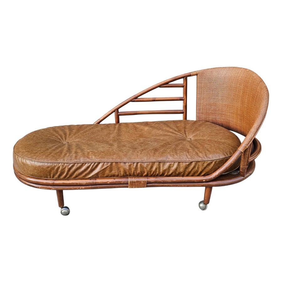 Mid 20th Century Mid-Century Bamboo and Rattan Chaise Lounge With Leather and Velvet Cushion
