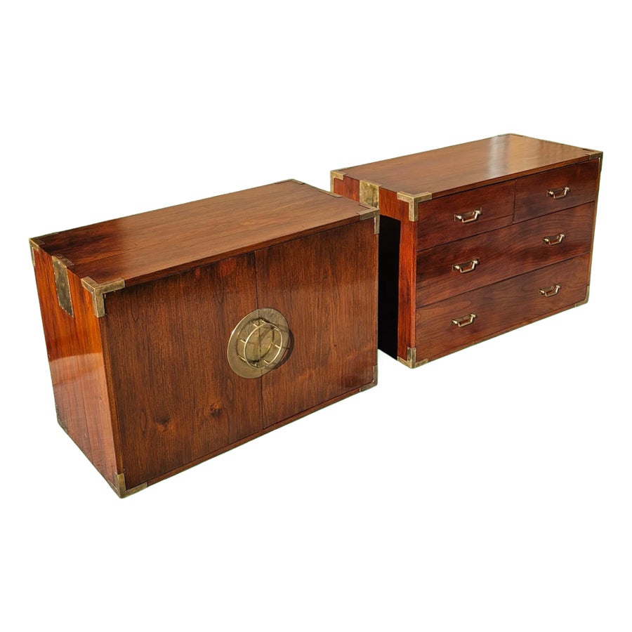 Mid-Century Set of 2 Chinoiserie Rosewood Campaign Style Cabinet and Chest of Drawers With Retractable Pull-Up Side Handles