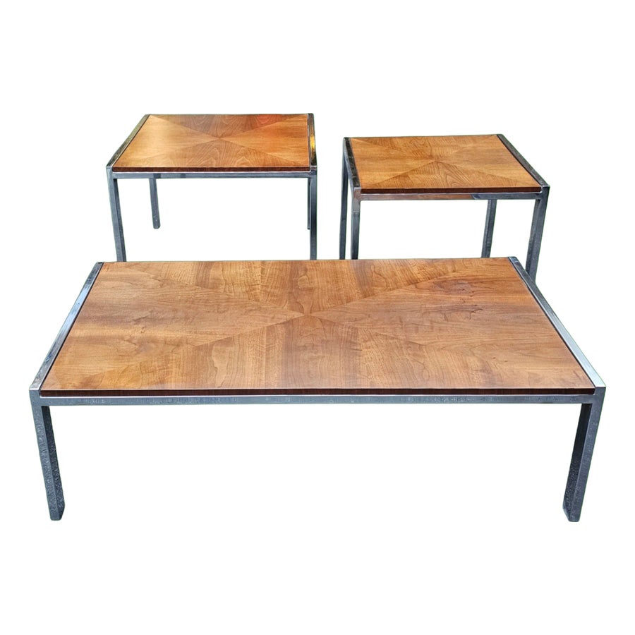 Mid-Century Set of 3 Chrome and Walnut Tables