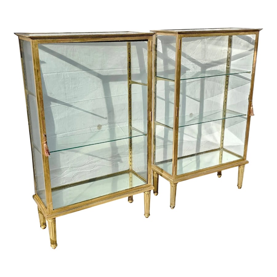 Pair of Early 20th Century French Double-Sided Solid Brass and Glass Display Cabinets