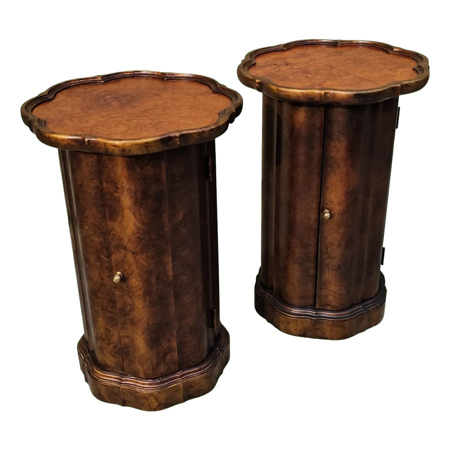 Pair of Hollywood Regency Burl Scalloped Top Gilt-Washed Drum Cabinets