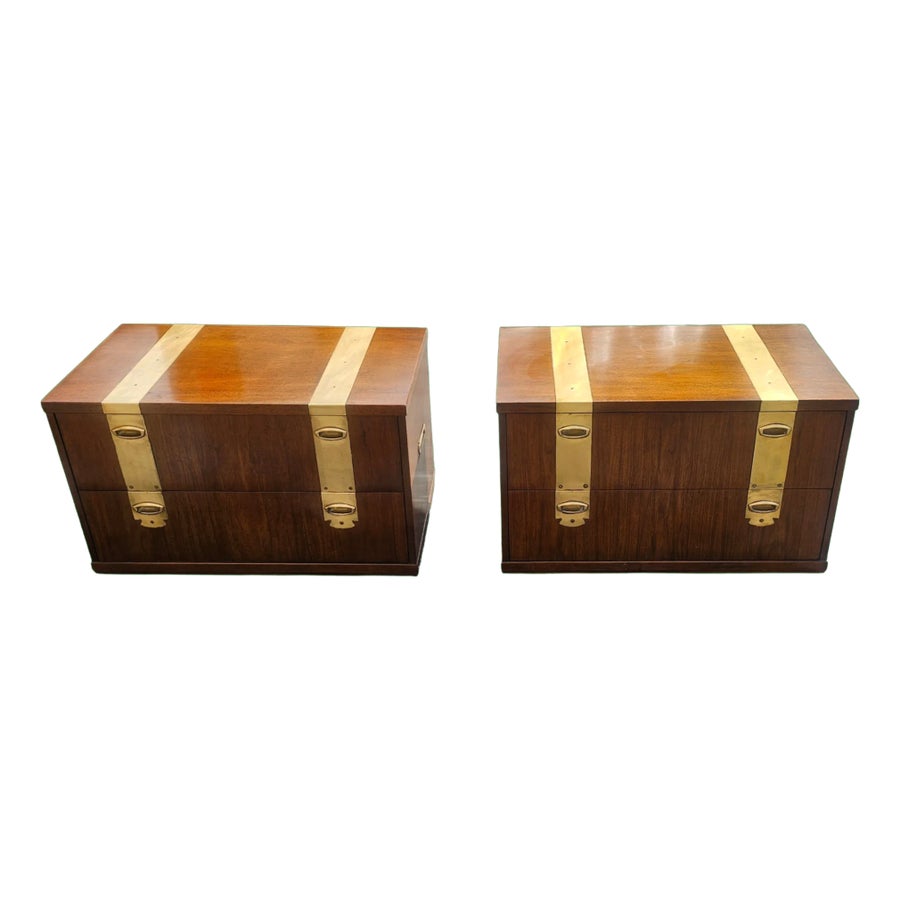 Pair of Mid-Century Henredon Furniture Vertically Brass Banded Campaign Chests