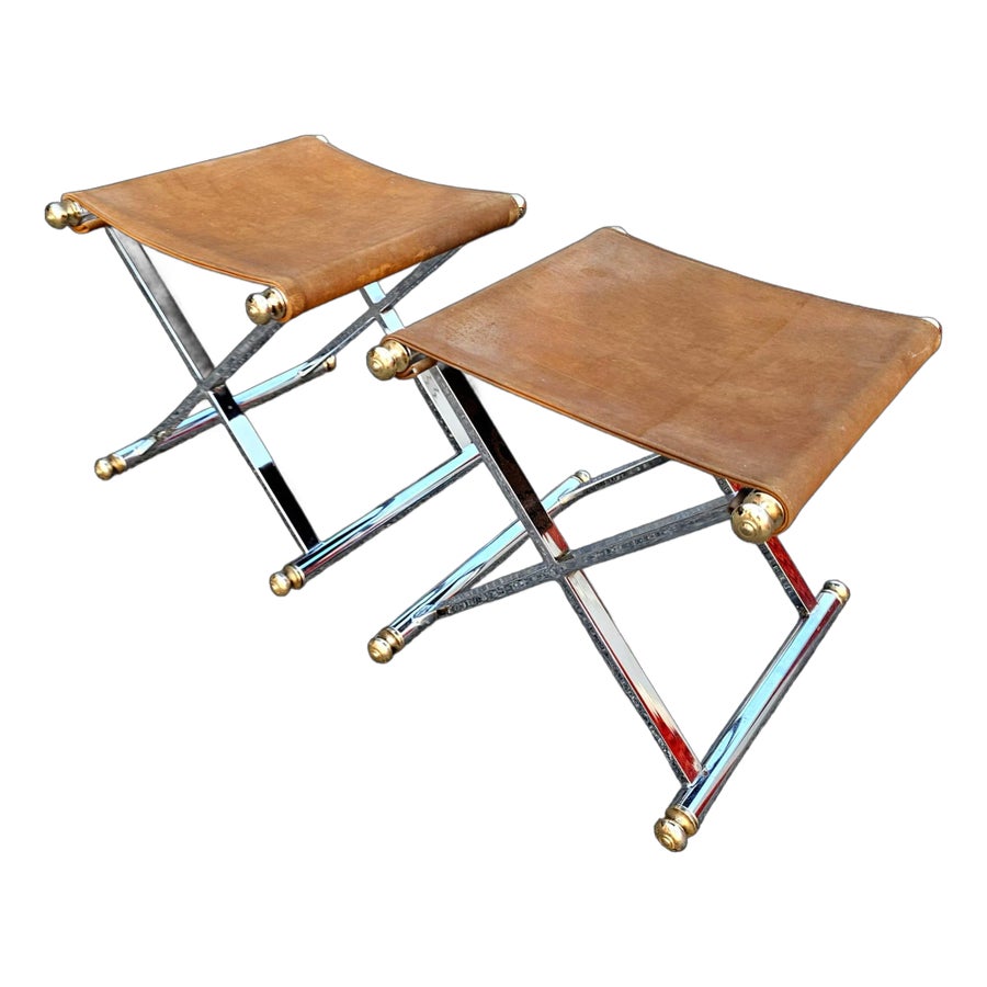 Pair of Vintage Hollywood Regency Maison Jansen Style X-Frame Chrome and Brass Stools