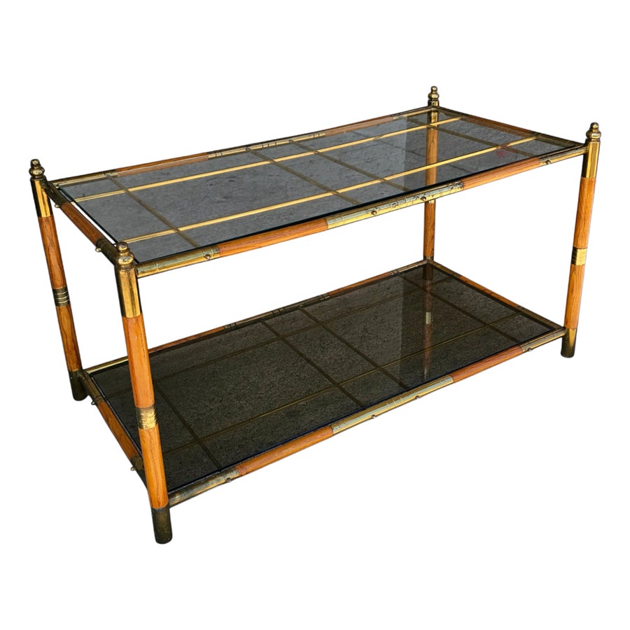 Vintage Hollywood Regency Faux Bamboo, Brass, and Smoked Glass 2-Tiered Coffee Table