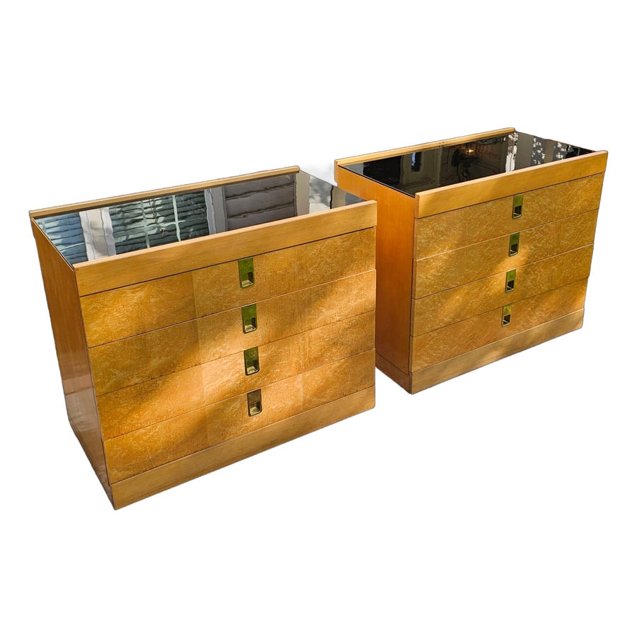 Vintage Pair of Baker Furniture Birdseye Maple Bachelor's Chests on Stands With Black Glass Tops (Attriibuted to Brian Palmer)
