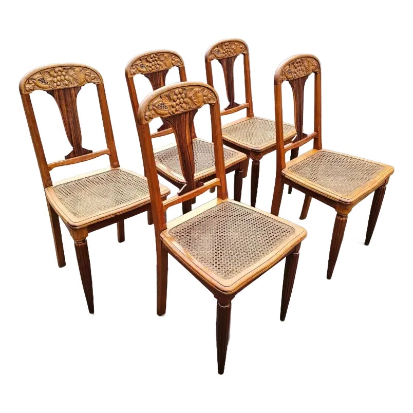 Late 19th Century Art Nouveau Caned Seat Dining Chairs- Set of 5