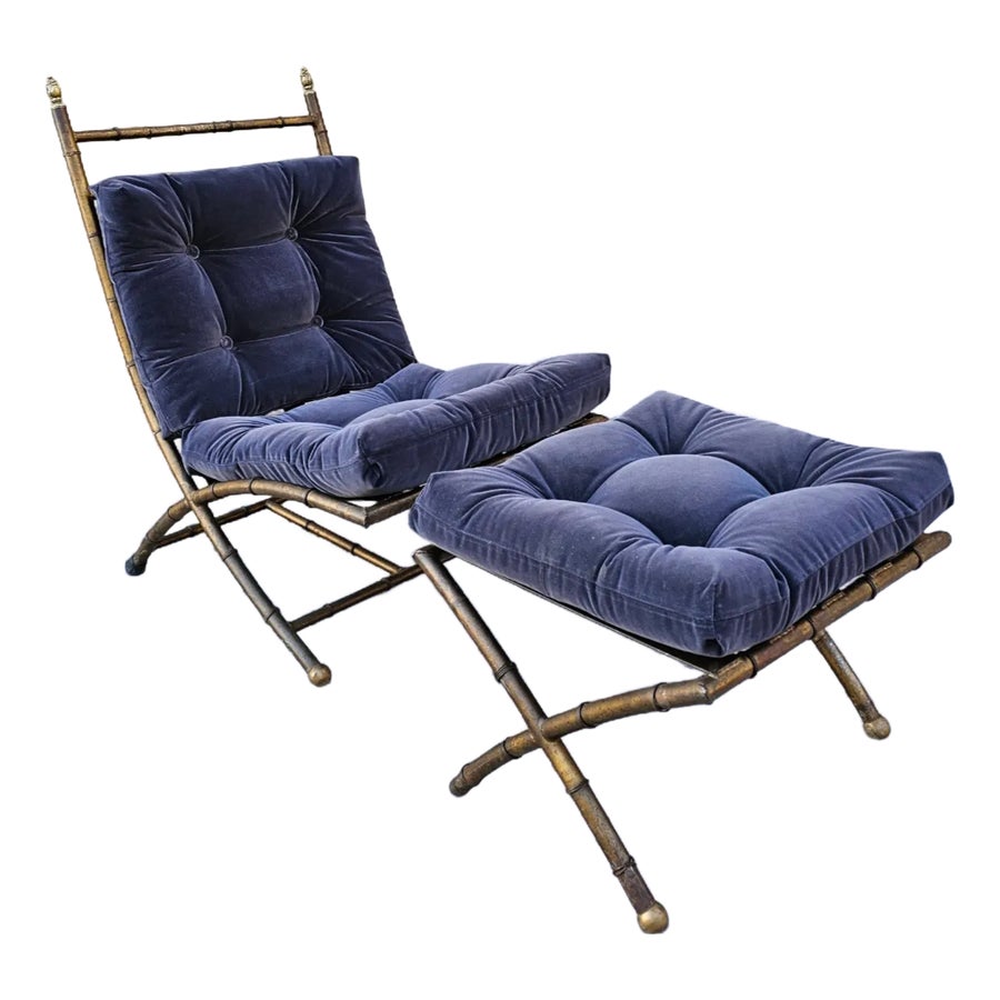 Vintage Italian Maison Jansen Style Faux Bamboo Iron Scissor Chair and Ottoman, Newly Reupholstered