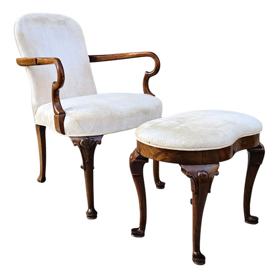 Vintage Queen Anne Style Open Armchair With Matching Footstool