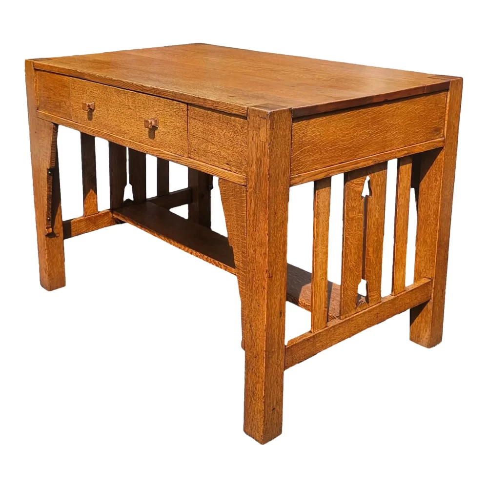 Antique Arts and Crafts Mission Oak Library Table With Arrow Accents