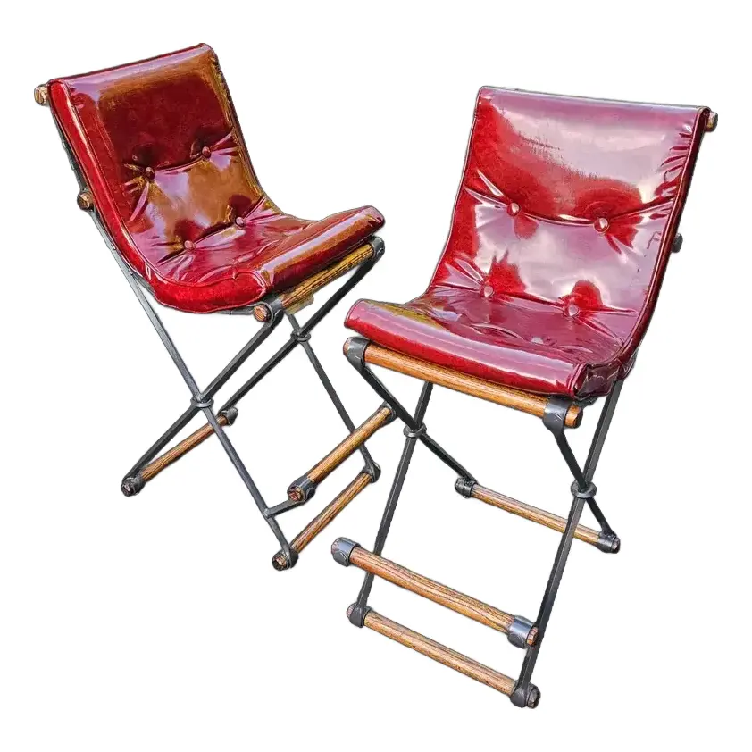 Mid 20th Century Pair of Campaign "X" Wrought Iron and Oak Bar Stools by Cleo Baldon for Terra of California