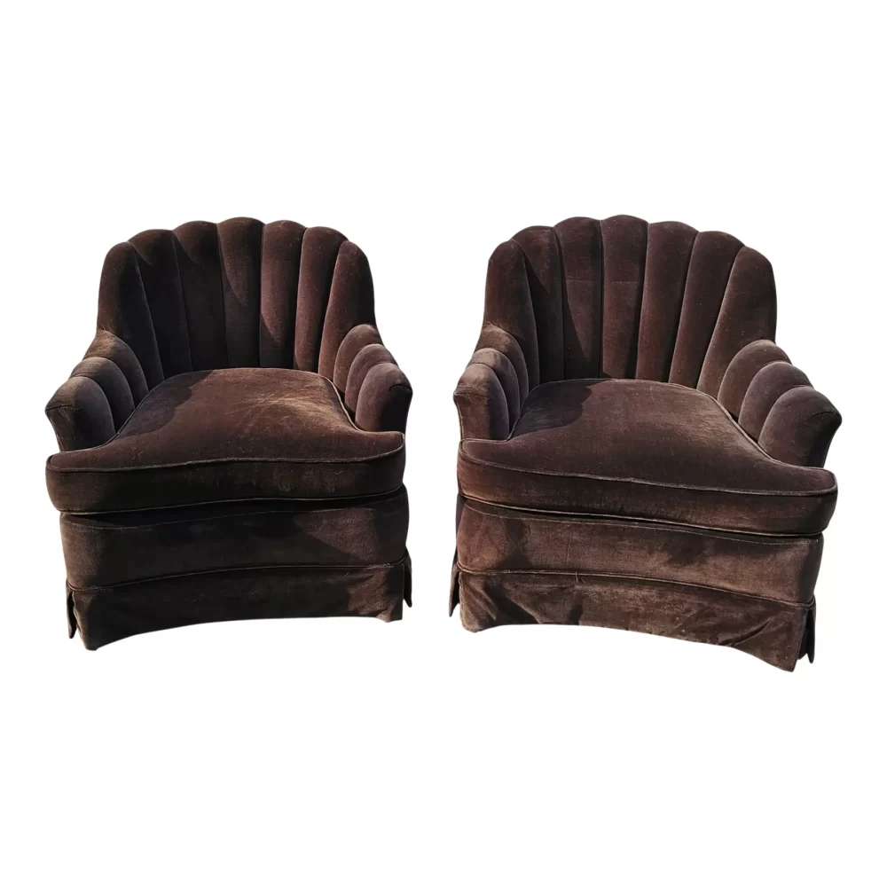 Pair of Vintage Chocolate Brown Velvet Art Deco Inspired Channel Back Club Chairs by Pearson