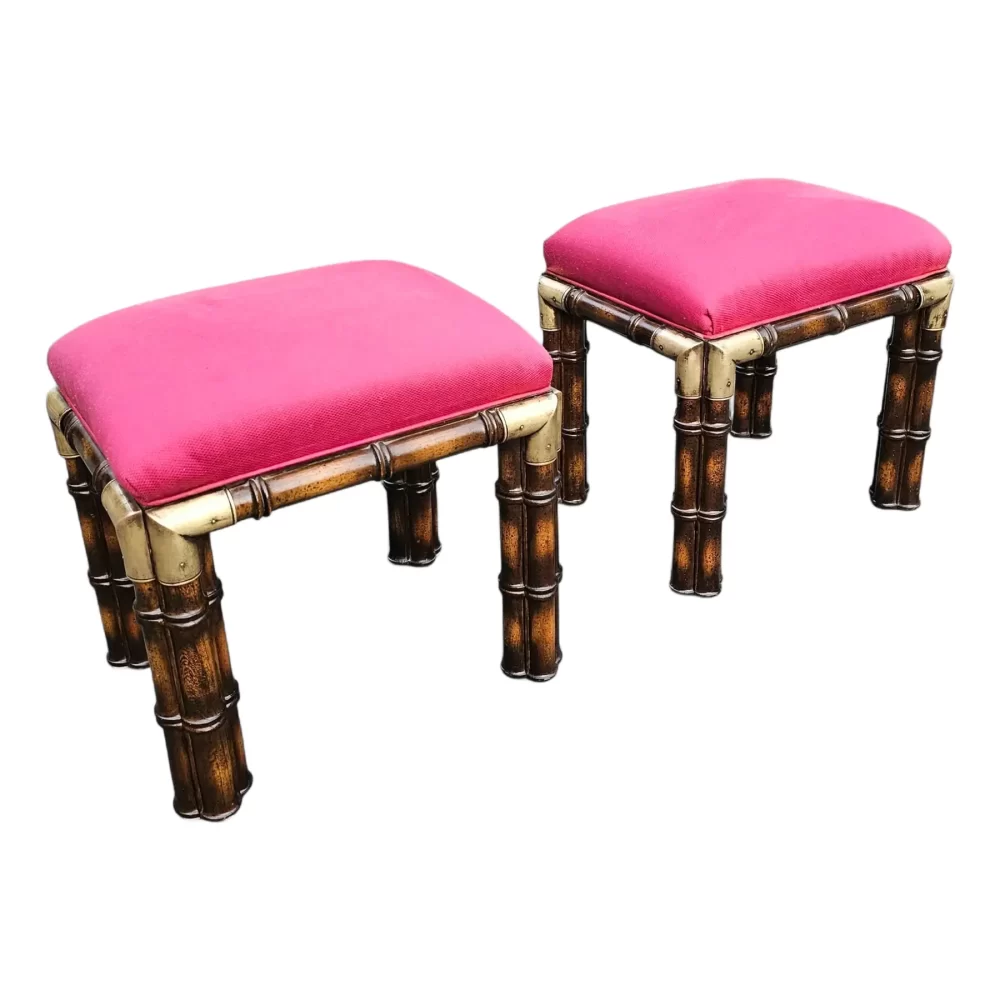 Pair of Vintage Hollywood Regency Faux Bamboo and Brass Benches