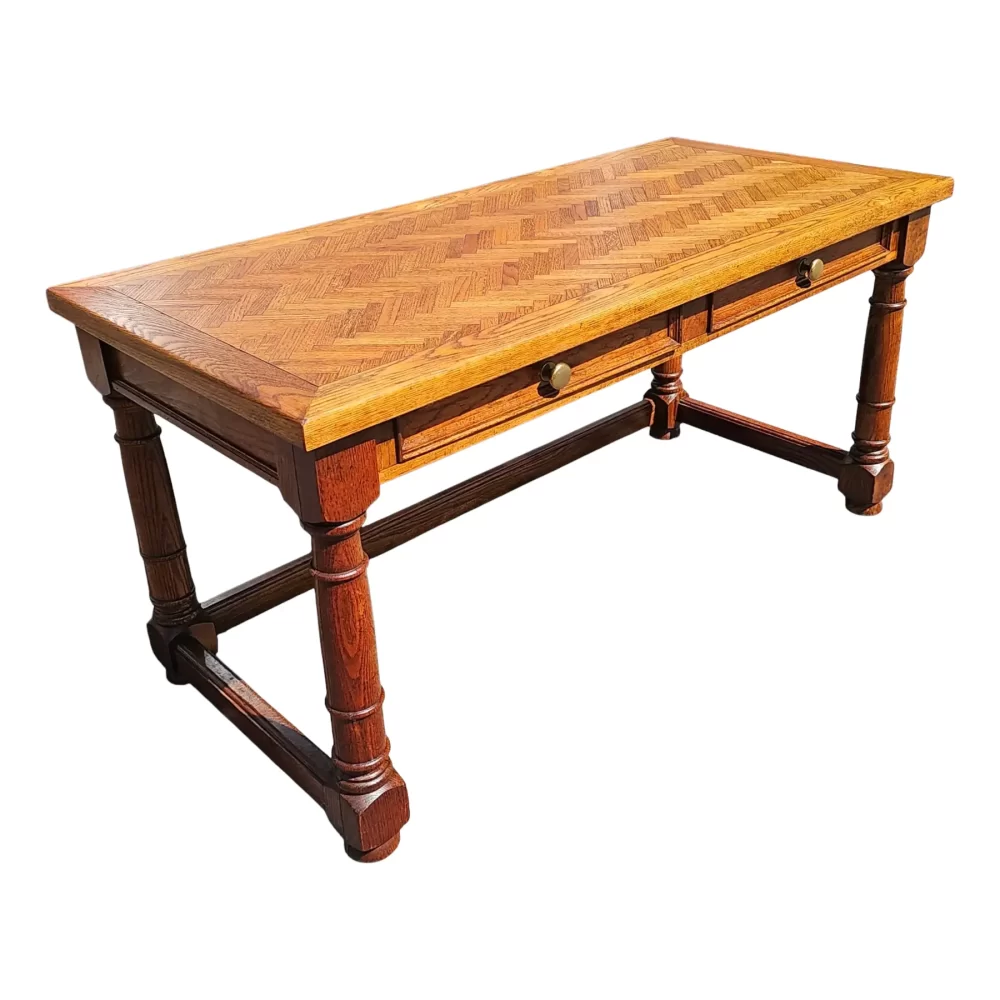 Vintage Oak Herringbone Design Parquetry Writing Desk by Centuryn No 5d