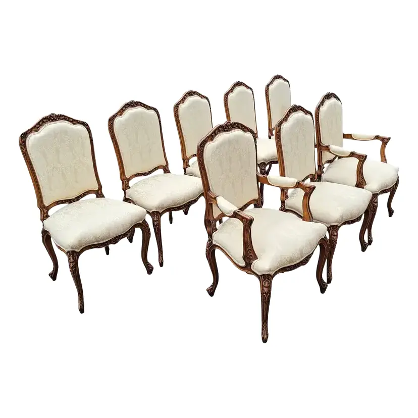 Vintage Set of 8 Carved Custom Louis XV Style Dining Chairs