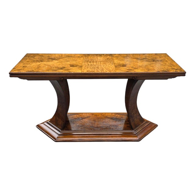 Antique Burlwood Art Deco Flip-Top Console/Dining Table With Figural Base