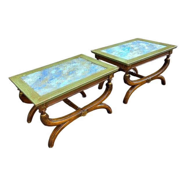 Pair of 19th Century Neoclassical Style Reverse Painted Glass Top Curule Base Cocktail/Side Tables