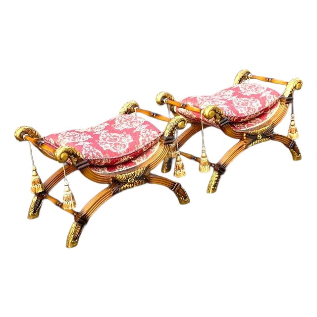 Pair of Late 20th Century Neoclassical-Style Carved and Gilded Curule Benches