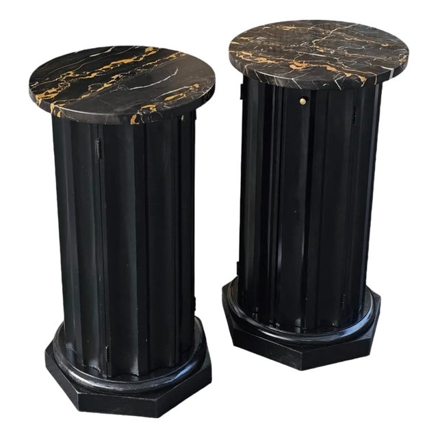 Pair of Vintage Black Marble Top Neoclassical Style Column Pedestal Cabinets