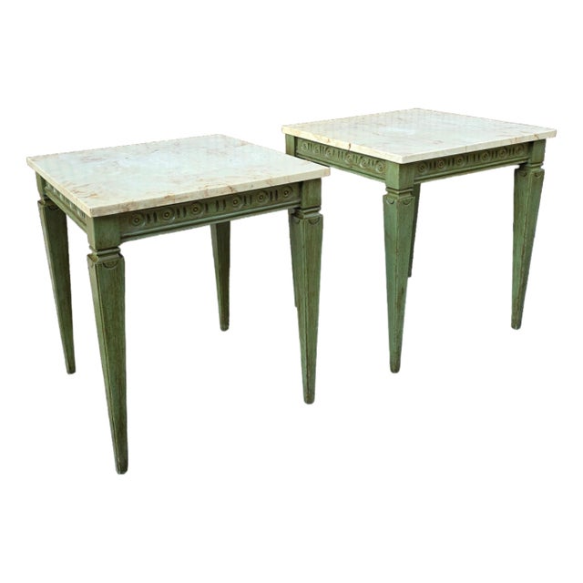 Pair of Vintage White Marble Top Patinated Aqua Finish Neoclassical-Style Side Tables