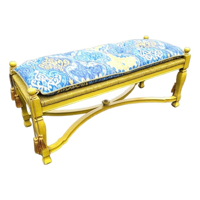 Vintage Hollywood Regency Rush Seat Bench With Tufted Cushion