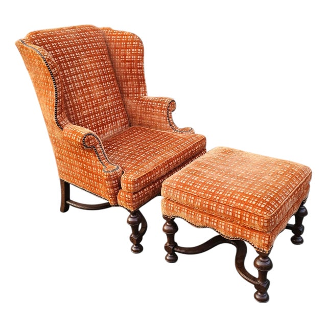 Vintage Orange Velvet Henredon Wingback Chair and Ottoman
