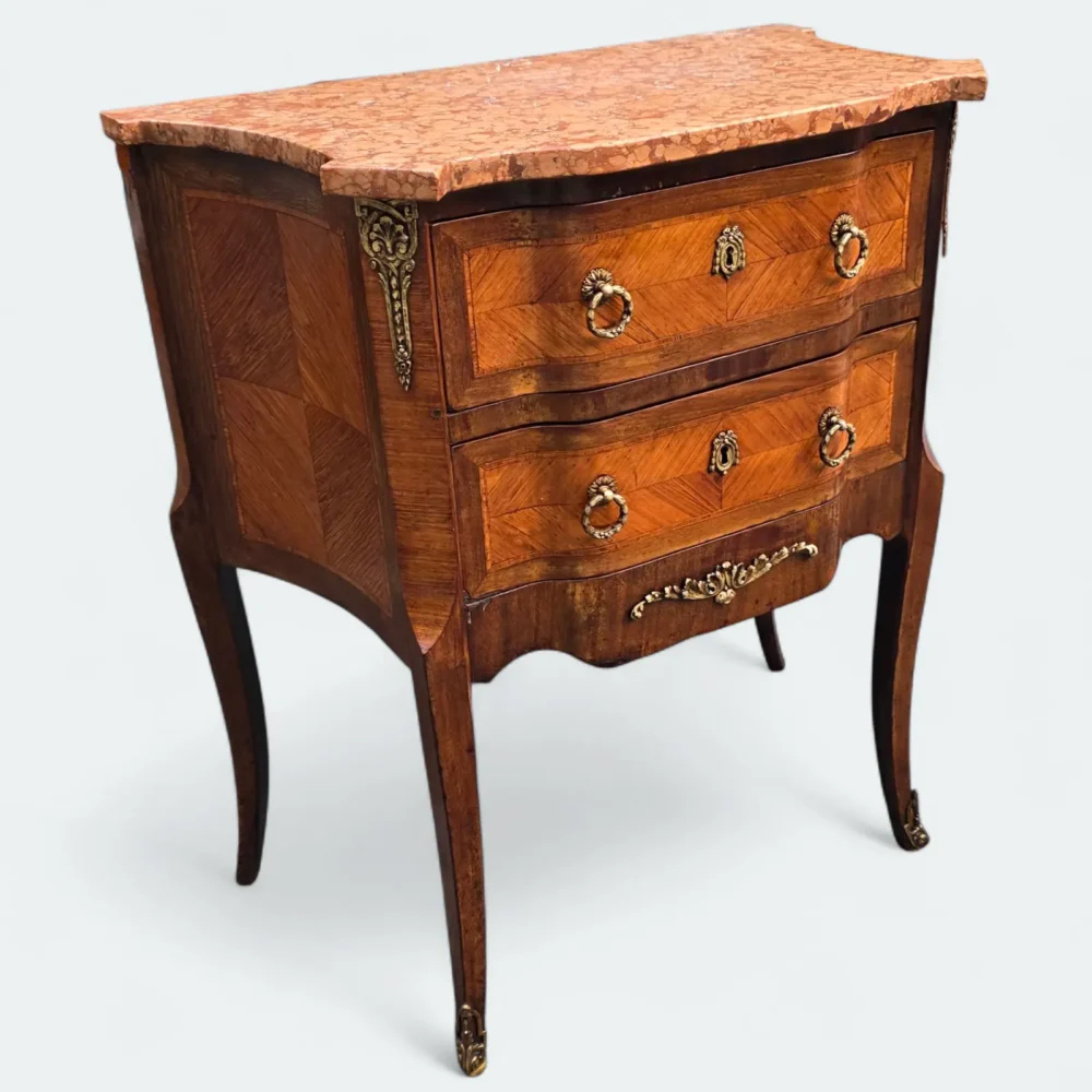 19th French Louis XV Style Marble Top Parquetry Commode