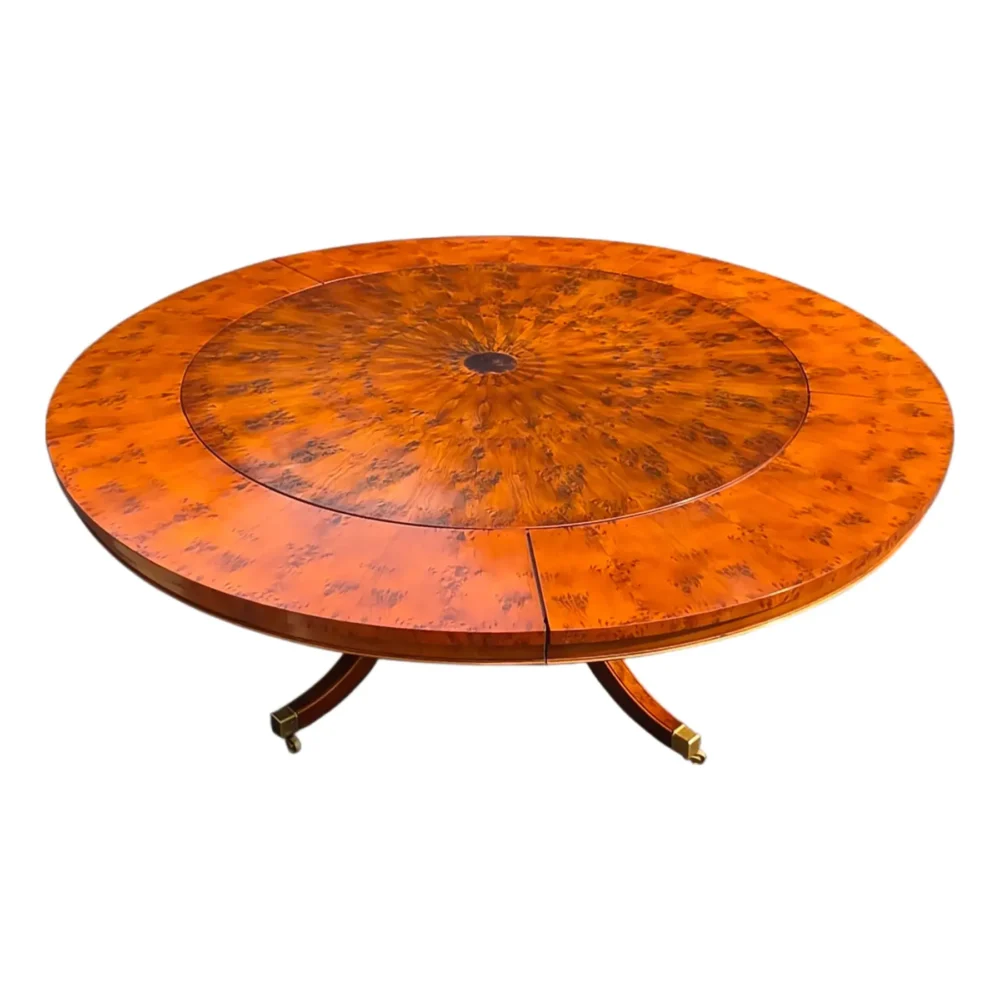 84" Yew Wood Jupe Dining Table With Matching Yew Wood Leaves Storage Trunk Made in England by Thomas Carroll