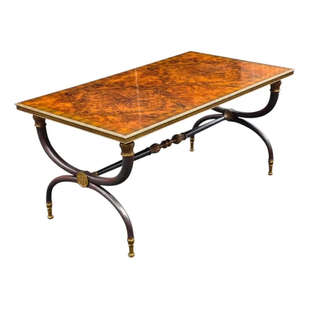 La Barge Neoclassical Revival Dark Patinated Iron, Brass and Burl Wood X-Curule Form Coffee Table