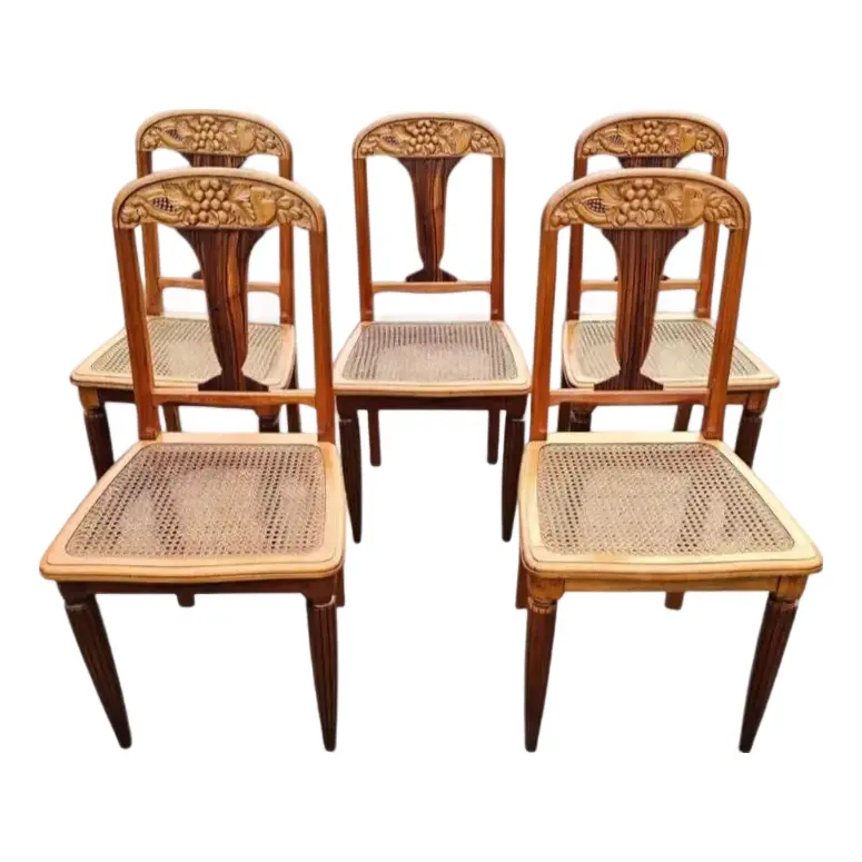 Late 19th Century Art Nouveau Caned Seat Dining Chairs- Set of 5