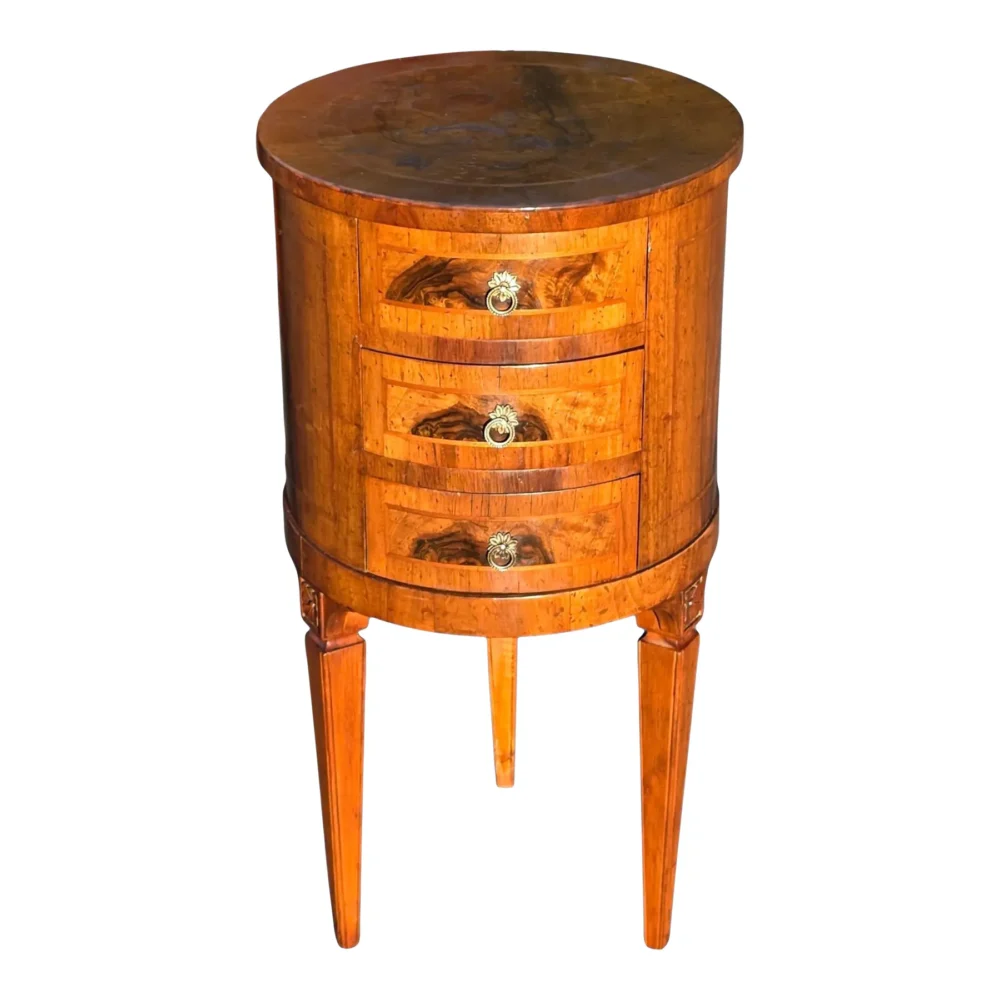 Late 19th Century Italian Louis XVI Style Round Walnut W/Inlay 3-Drawer Side Table