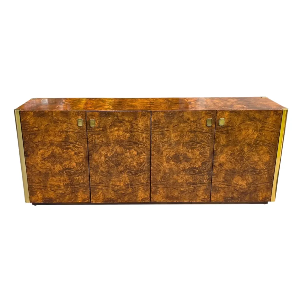 Mid Century 4-Door Burlwood and Brass Credenza by Century Furniture