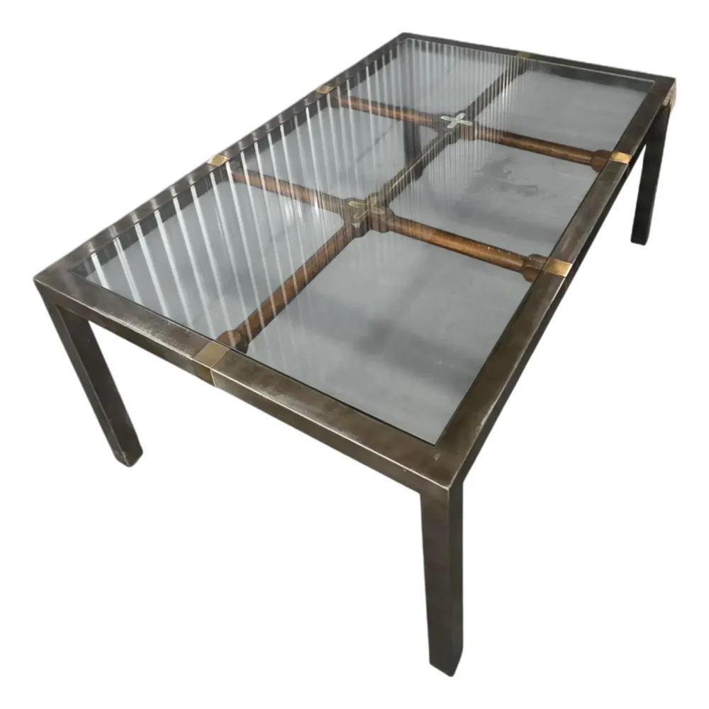 Mid-Century Hollywood Regency Brushed Metal W/Brass Accents and Glass Top on Wood Grid Dining Table