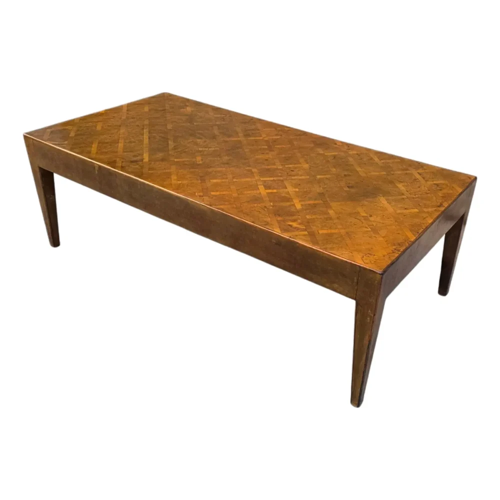 Mid-Century Italian Modernist Olive Wood/ Burl Parquetry Rectangular Coffee Table