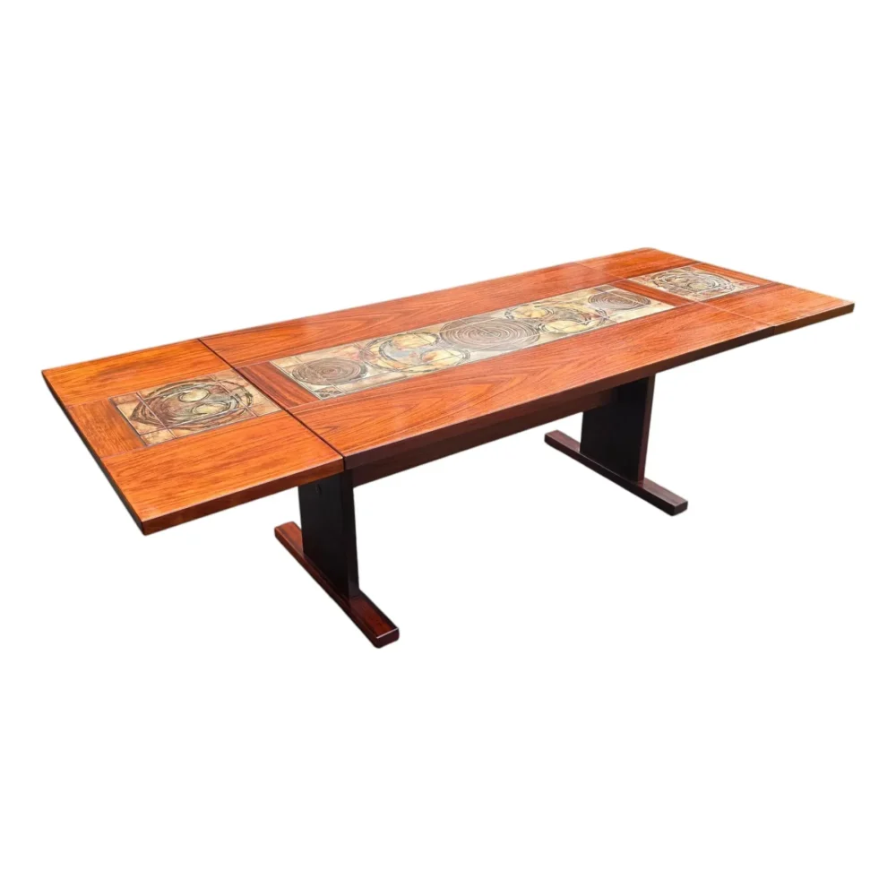 Mid-Century Rosewood Danish Modern Expansion Dropleaf Dining Table W/ Tile Inlay by Poul H. Poulsen for Gangsø Møbler