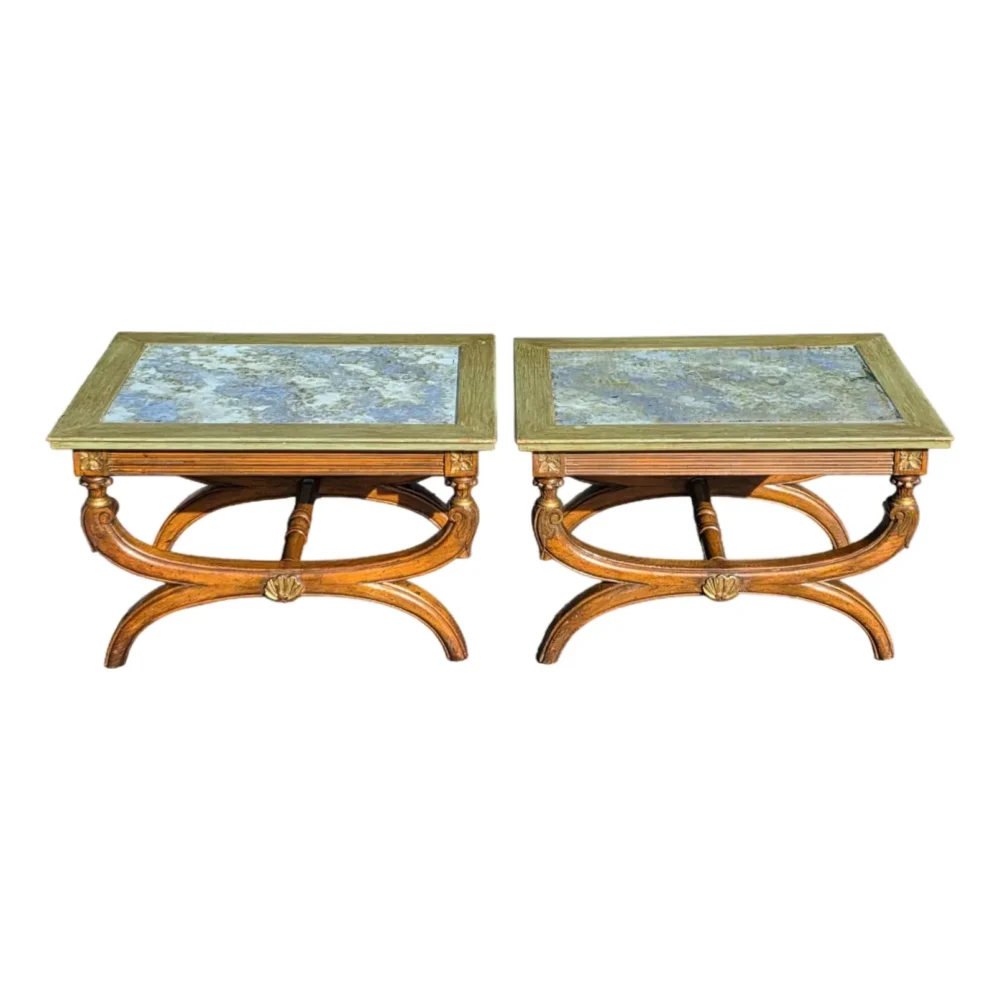 Pair of 19th Century Neoclassical Style Reverse Painted Glass Top Curule Base Cocktail/Side Tables