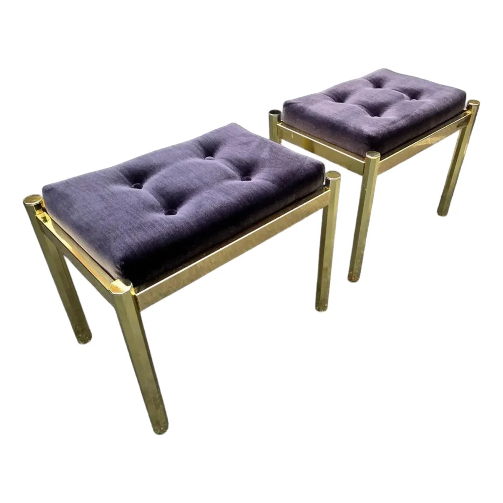 Pair of Vintage Koch Originals, Inc Brass Octagonal Legged and Tufted Velvet Footstools