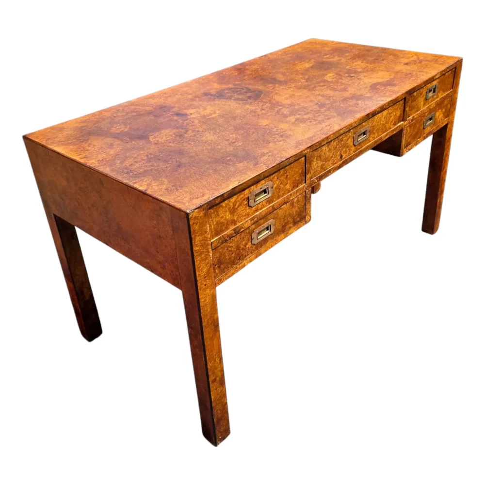 Vintage Burlwood Campaign Style Writing Desk