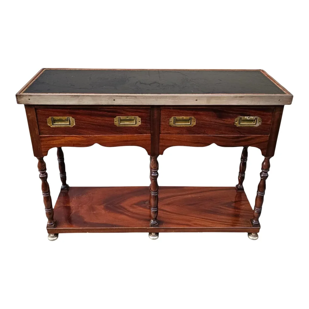 Vintage Campaign Style Leather Top Console Table