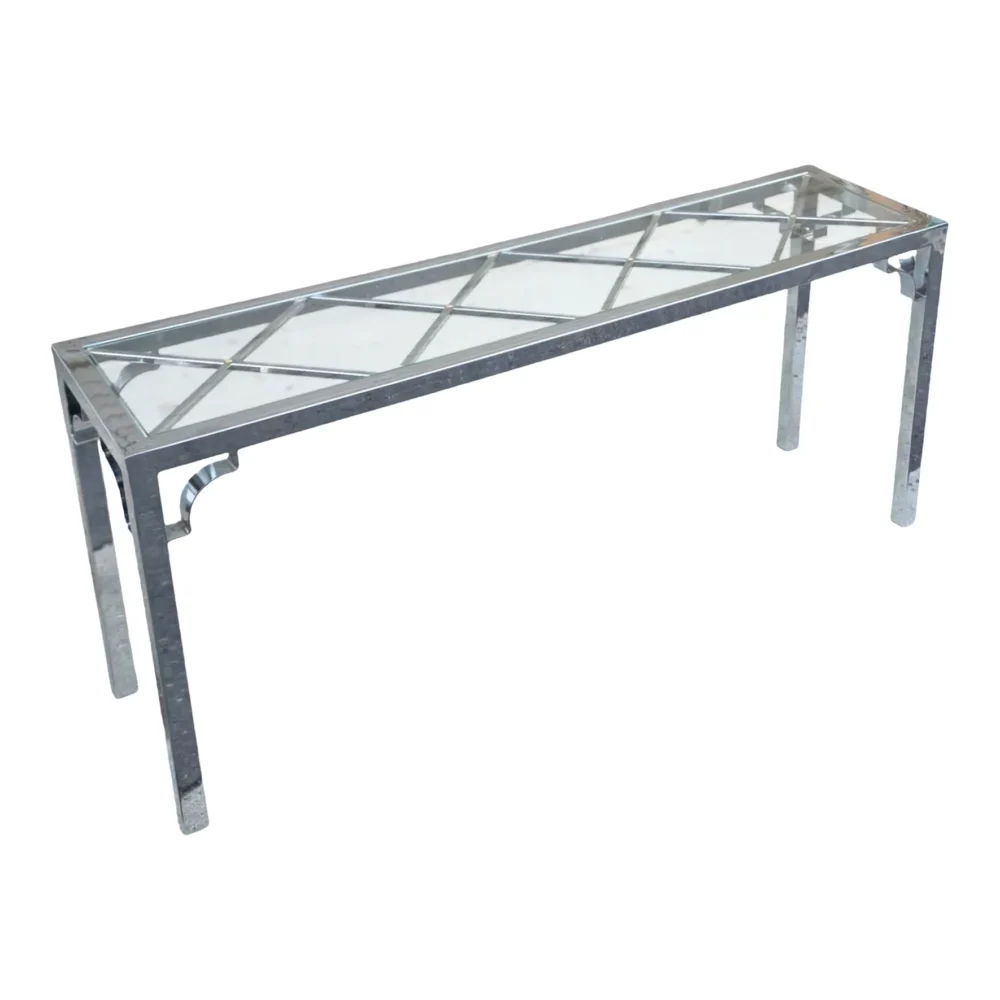 Vintage Chrome and Glass Milo Baughman Style/Chinese Chippendale Style Console Table