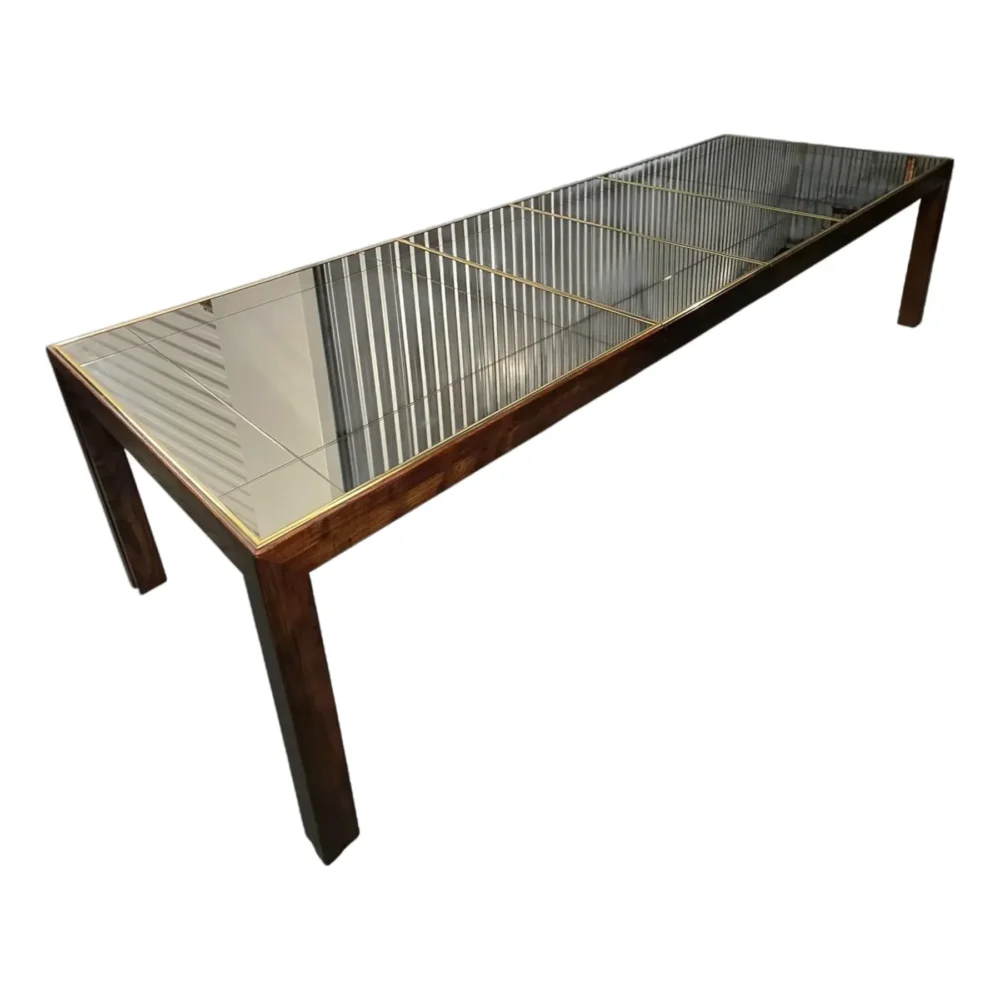 Vintage Henredon Walnut Brass Trim and Etched Smoked Mirror Top Parsons Dining Table W/2 Leaves