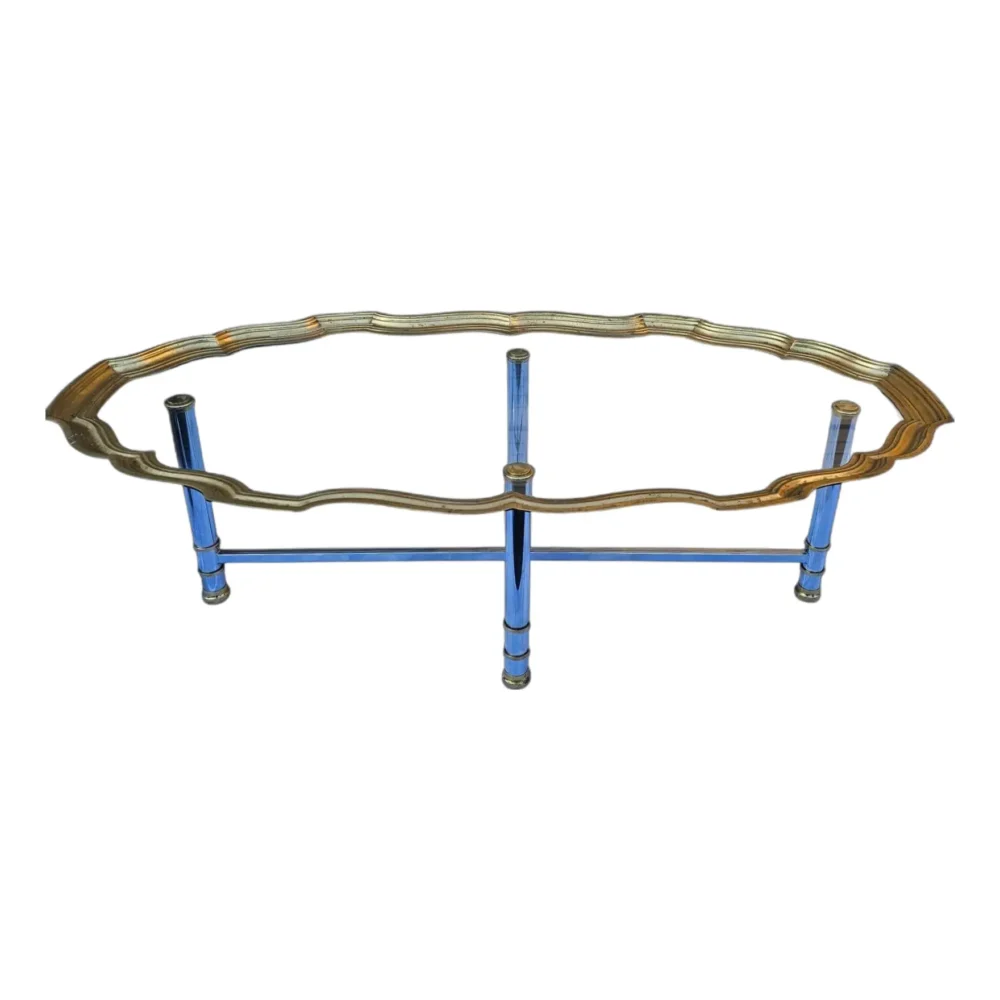 Vintage Scalloped Brass and Polished Steel Chrome Glass Top Cocktail Table