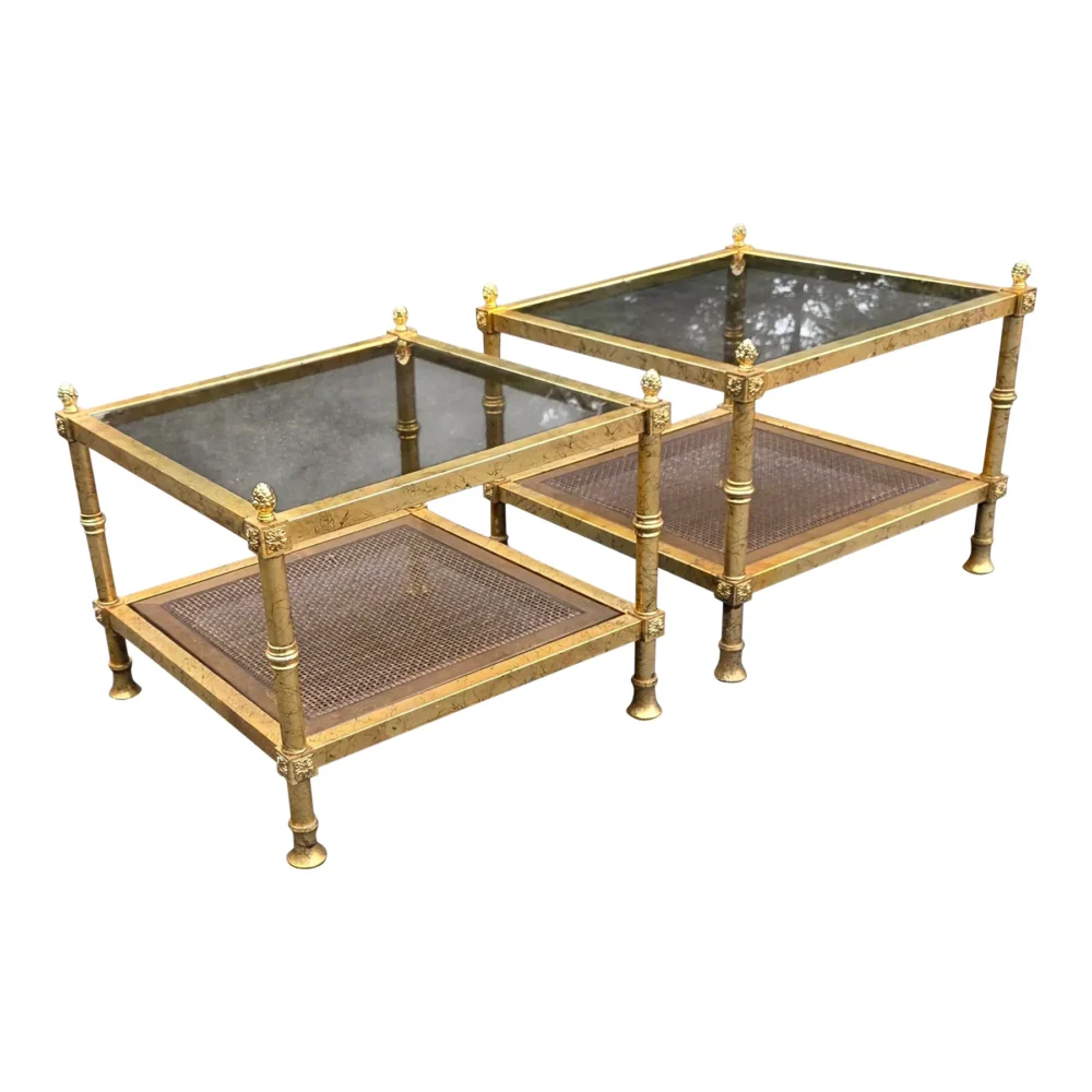 Mid 20th Century Mid-Century Maison Jansen Style French Neoclassical Gilt Metal W/ Smoked Glass Top and Cane Bottom Side Tables