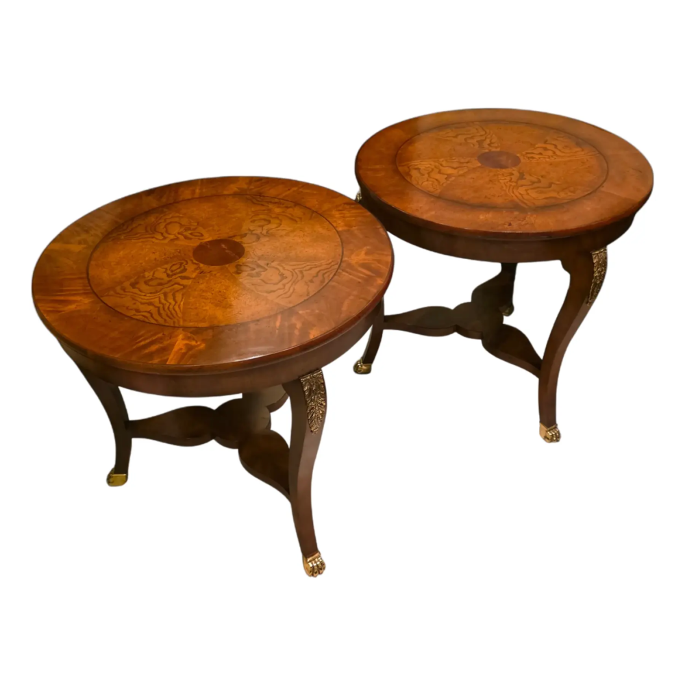 Mid 20th Century Baker Furniture Round Fruit Wood and Mahogany Bronze Mounts Claw Feet Gueridon Side Tables - Set of 2