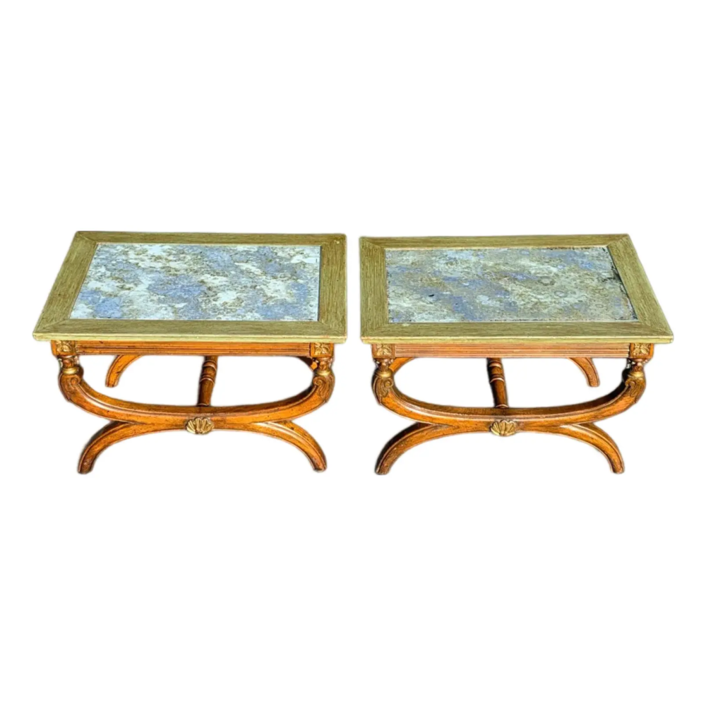 Pair of 19th Century Neoclassical Style Reverse Painted Glass Top Curule Base Cocktail/Side Tables