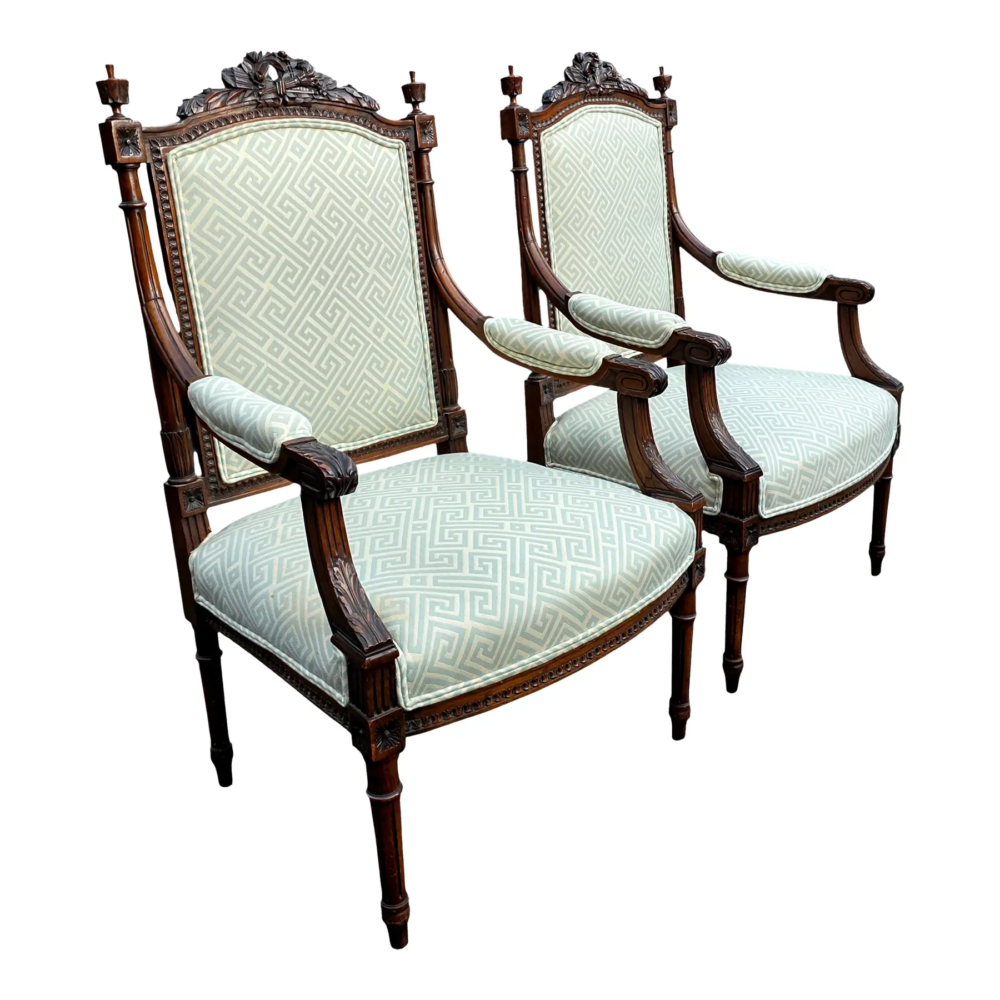 Pair of Antique French Hand-Carved Louis XVI Style Armchairs