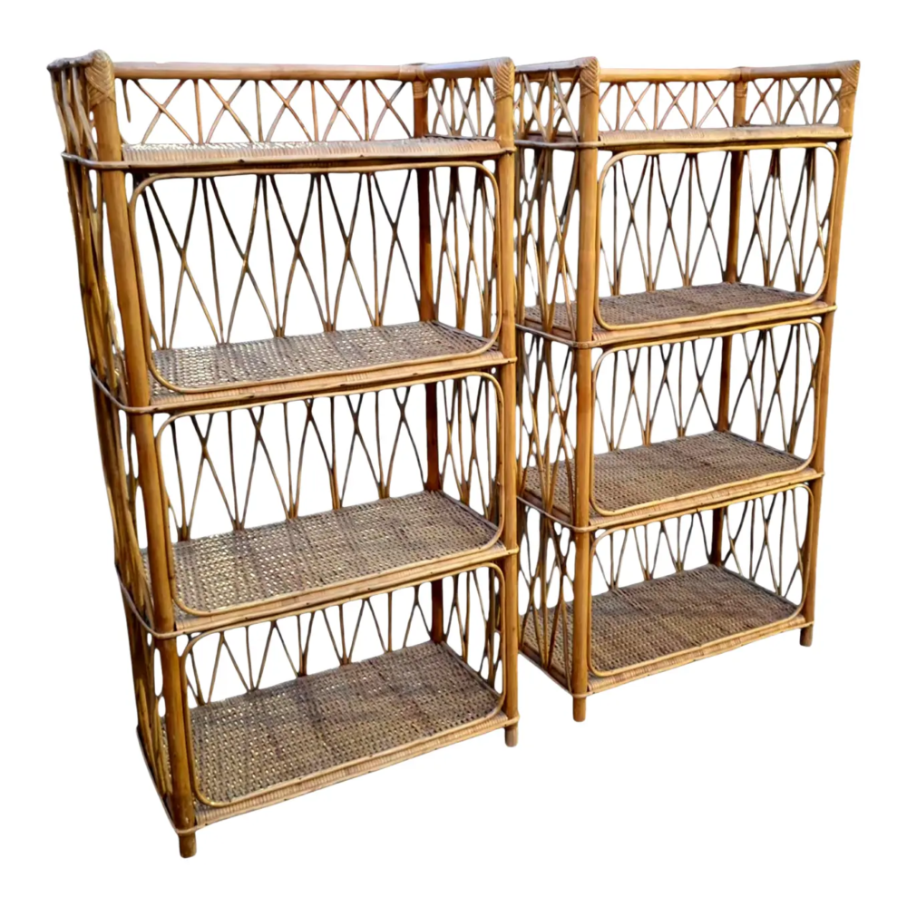 Pair of Mid 20th Century Bamboo and Rattan Four-Shelf Etageres