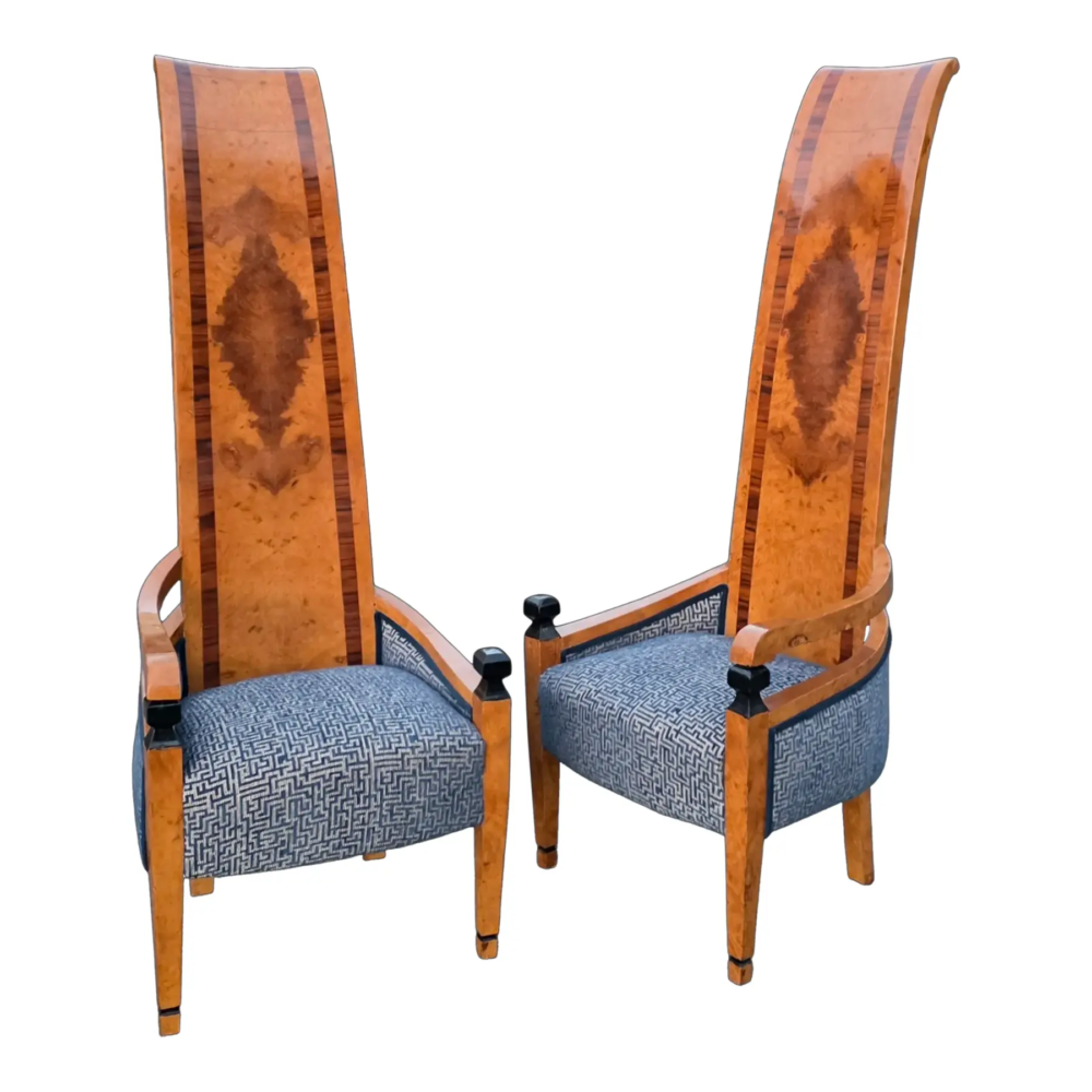 Pair of Vintage Art Deco Style Burl Right/Left High Back Chairs