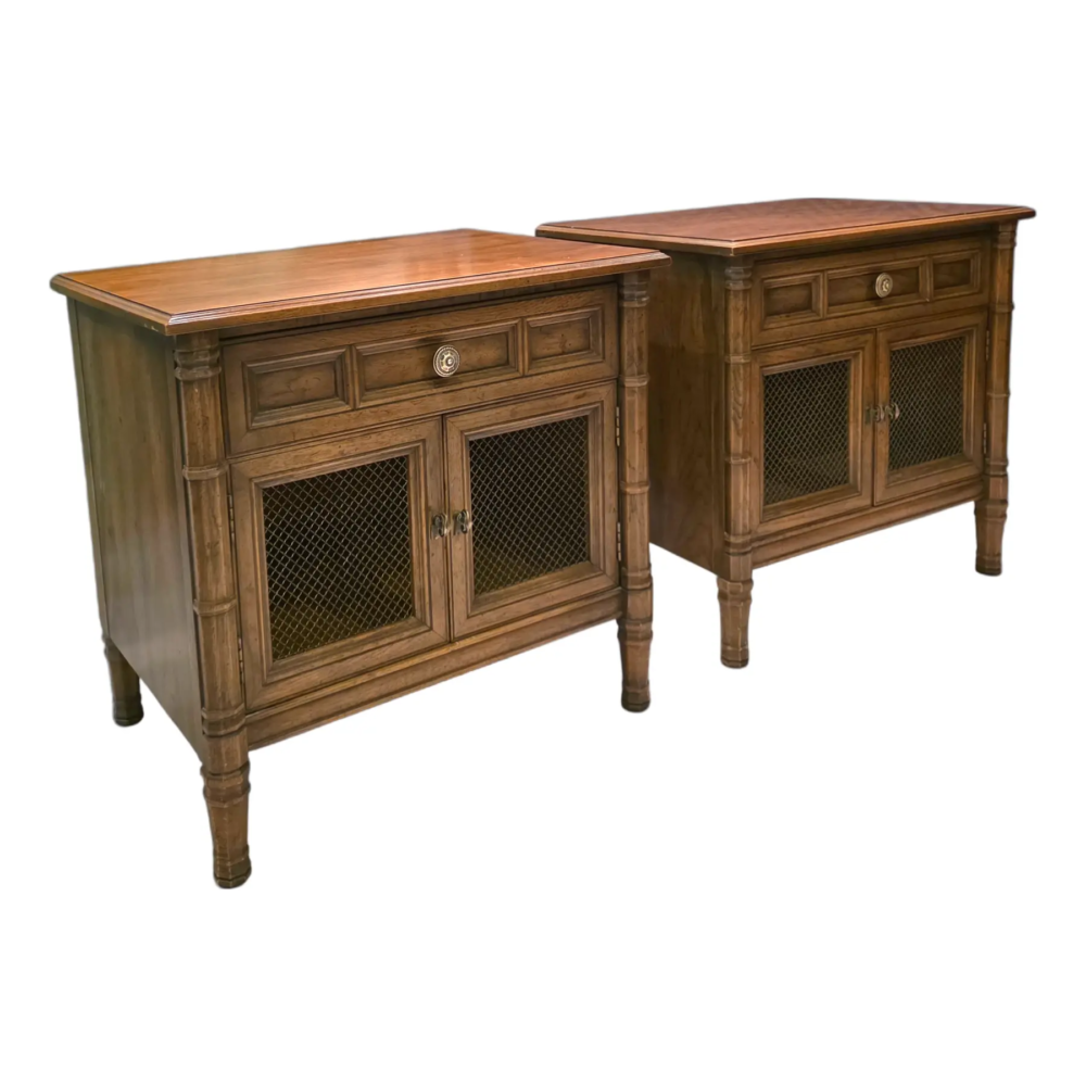 Pair of Vintage Henredon Fine Furniture Walnut With Metal Mesh Cabinet Doors Nightstands
